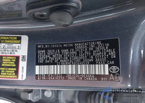 2016 Toyota Corolla S Plus from USA, damaged, VIN 2T1BURHEXGC640539
